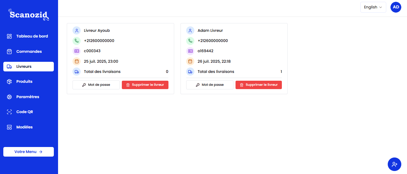 Interface de gestion des commandes