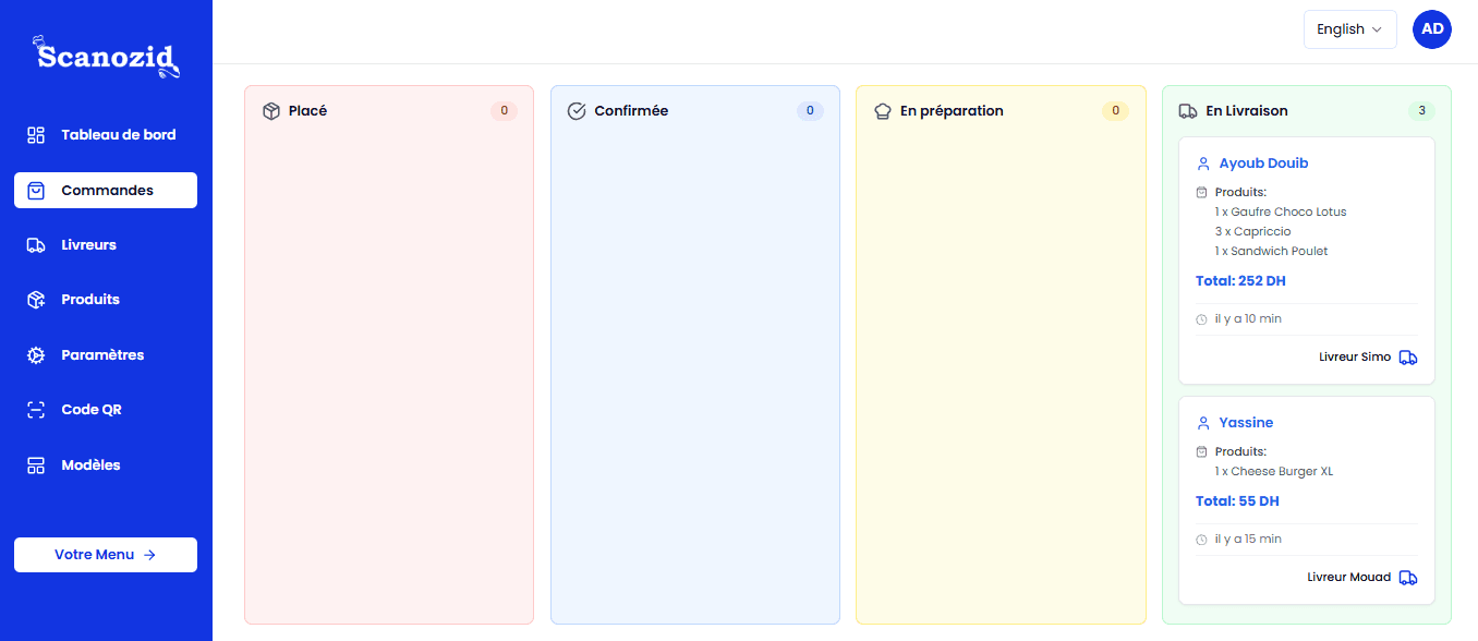 Interface de gestion des commandes